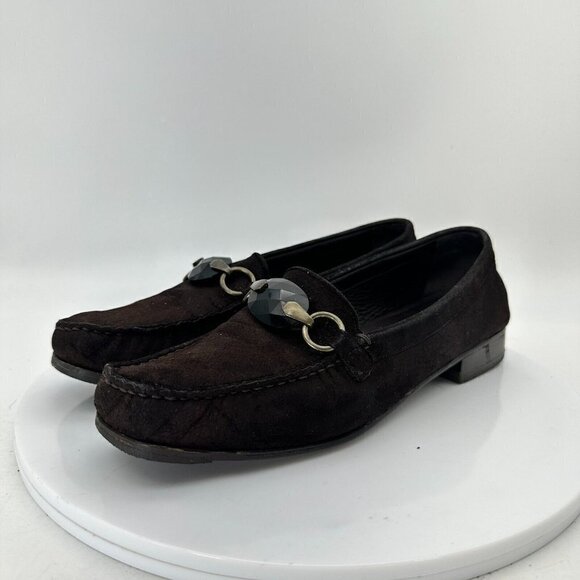 Stuart Weitzman Women Size 7B Dark Brown Suede Gancini Slip On Flat Loafer Shoes - Picture 1 of 15